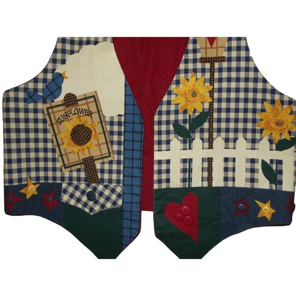 Retro Vest Womens Medium handmade Sunflower plaid Patchwork Country Primitive - Picture 3 of 9